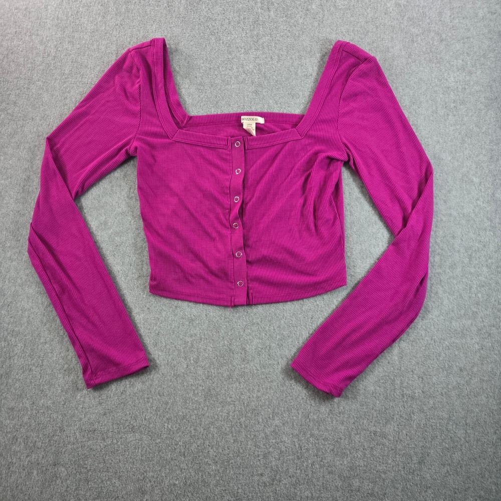BOZZOLO Ribbed Square Neck Button Front Long Sleeve Crop Top  Size Large